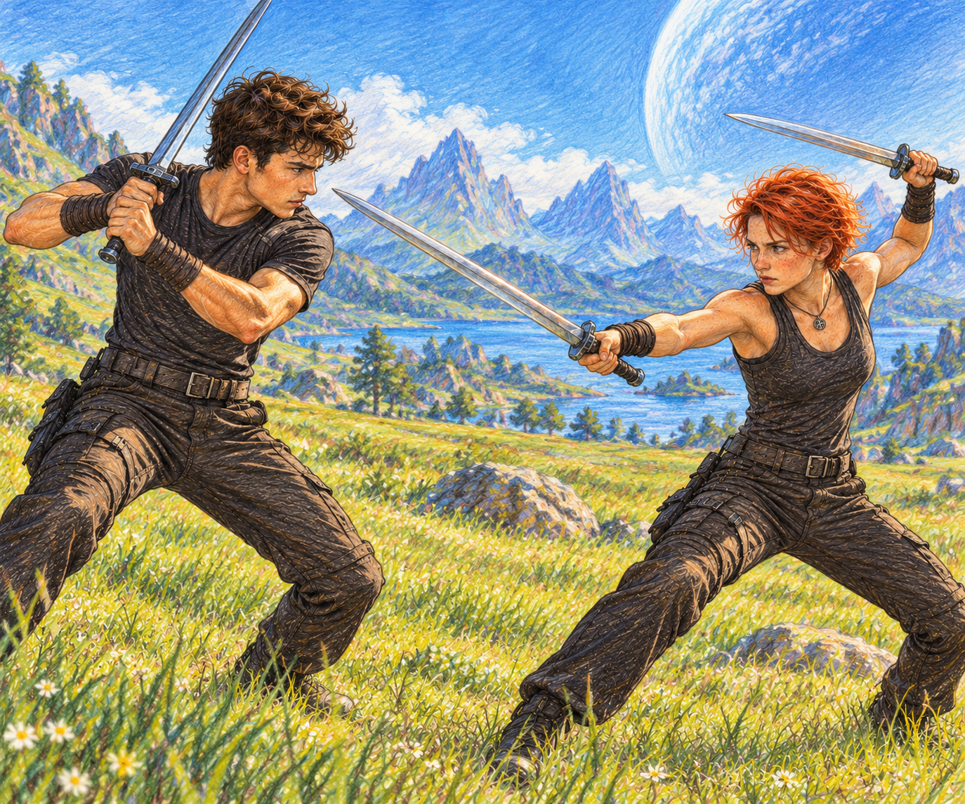 Shauna and Jean Paul practicing swordsmanship